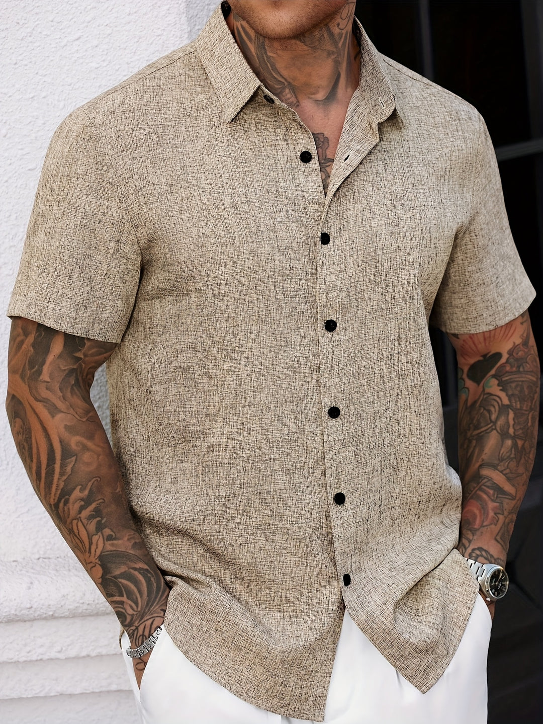 Męska koszula z krótkim rękawem, oddychający materiał, klasyczny kołnierzyk Kent na lato, uniwersalny design