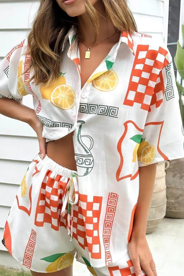 Męski Zestaw Koszuli z Guzikami i Szortów, Klasyczna Koszula, Wygodne Szorty, Letni Styl