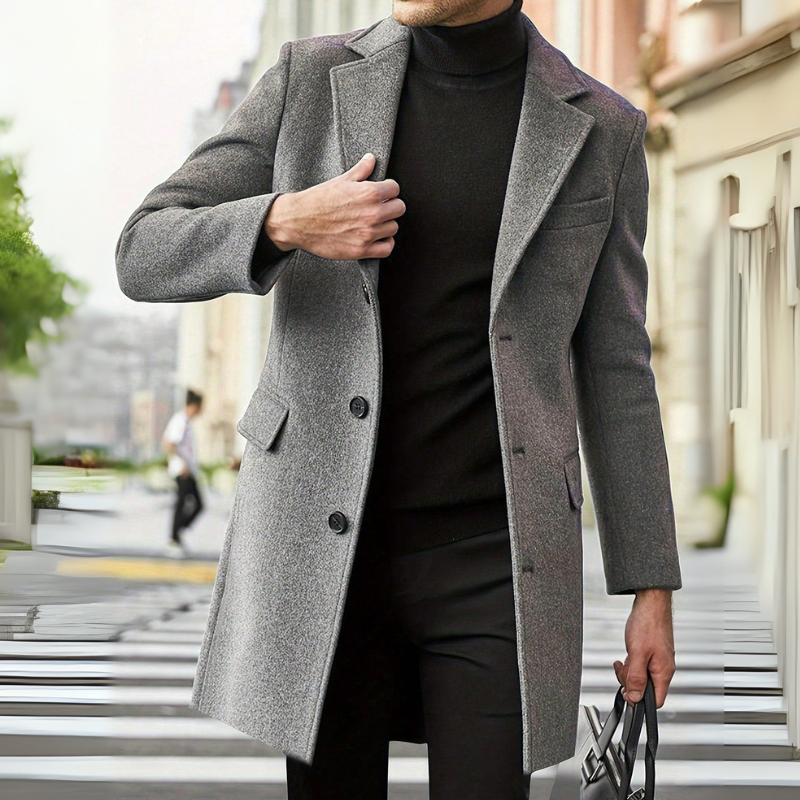 Ocieplany, formalny, długi płaszcz męski 0