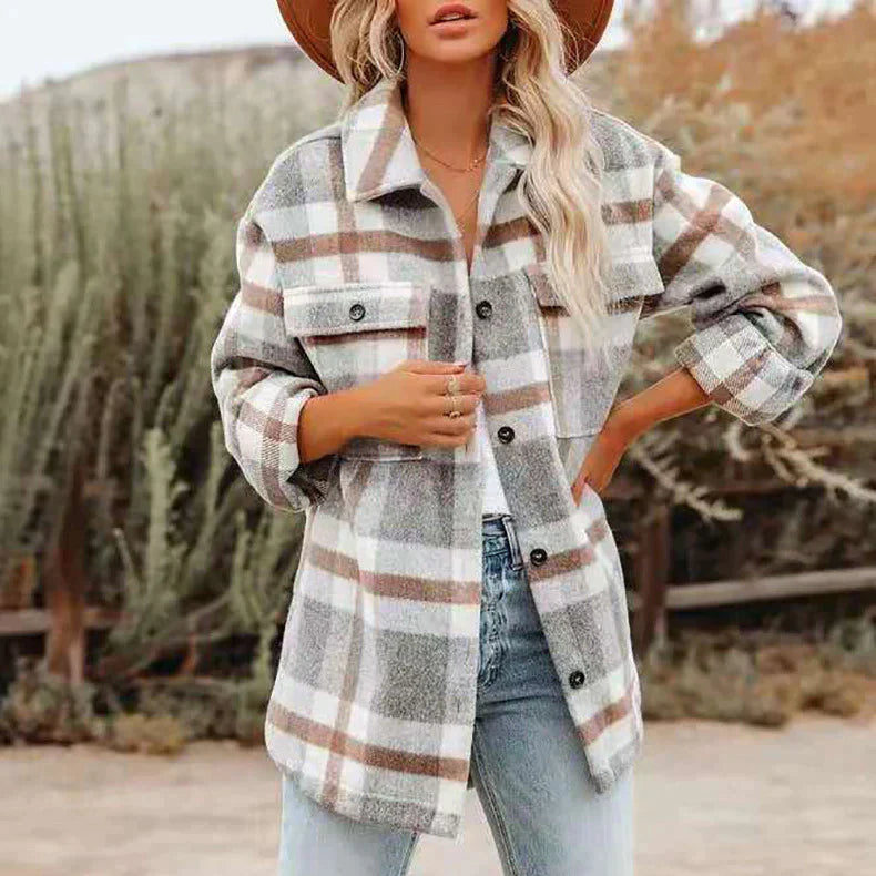 Płaszcz w kratkę z długim rękawem dla kobiet 1