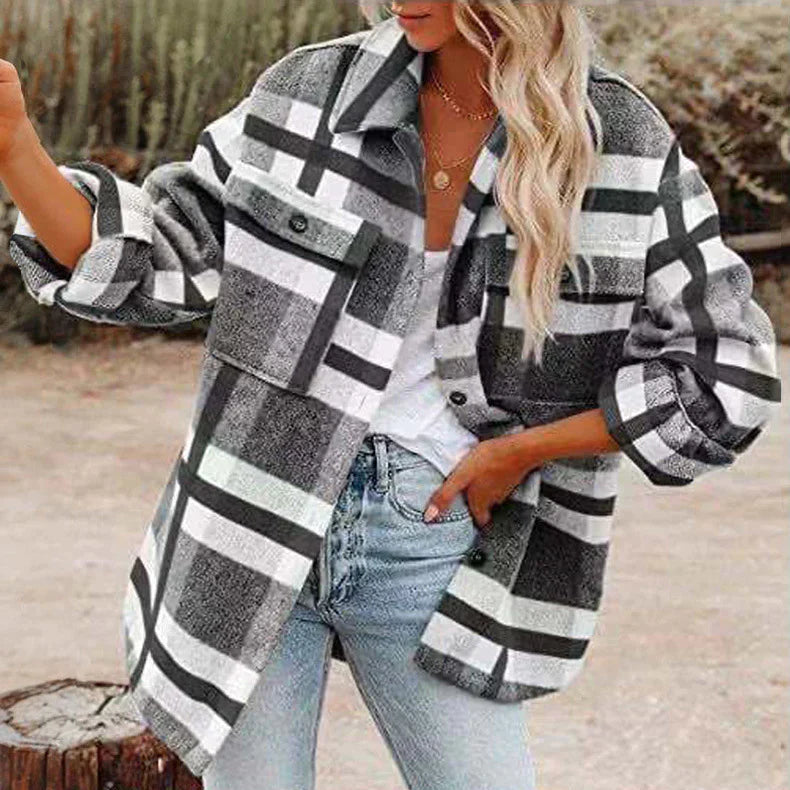 Płaszcz w kratkę z długim rękawem dla kobiet 4