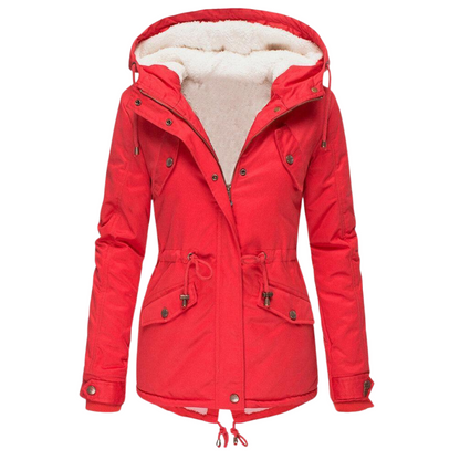 Płaszcz zimowy ze ściągaczem w pasie i odpinanym kapturem dla kobiet 1