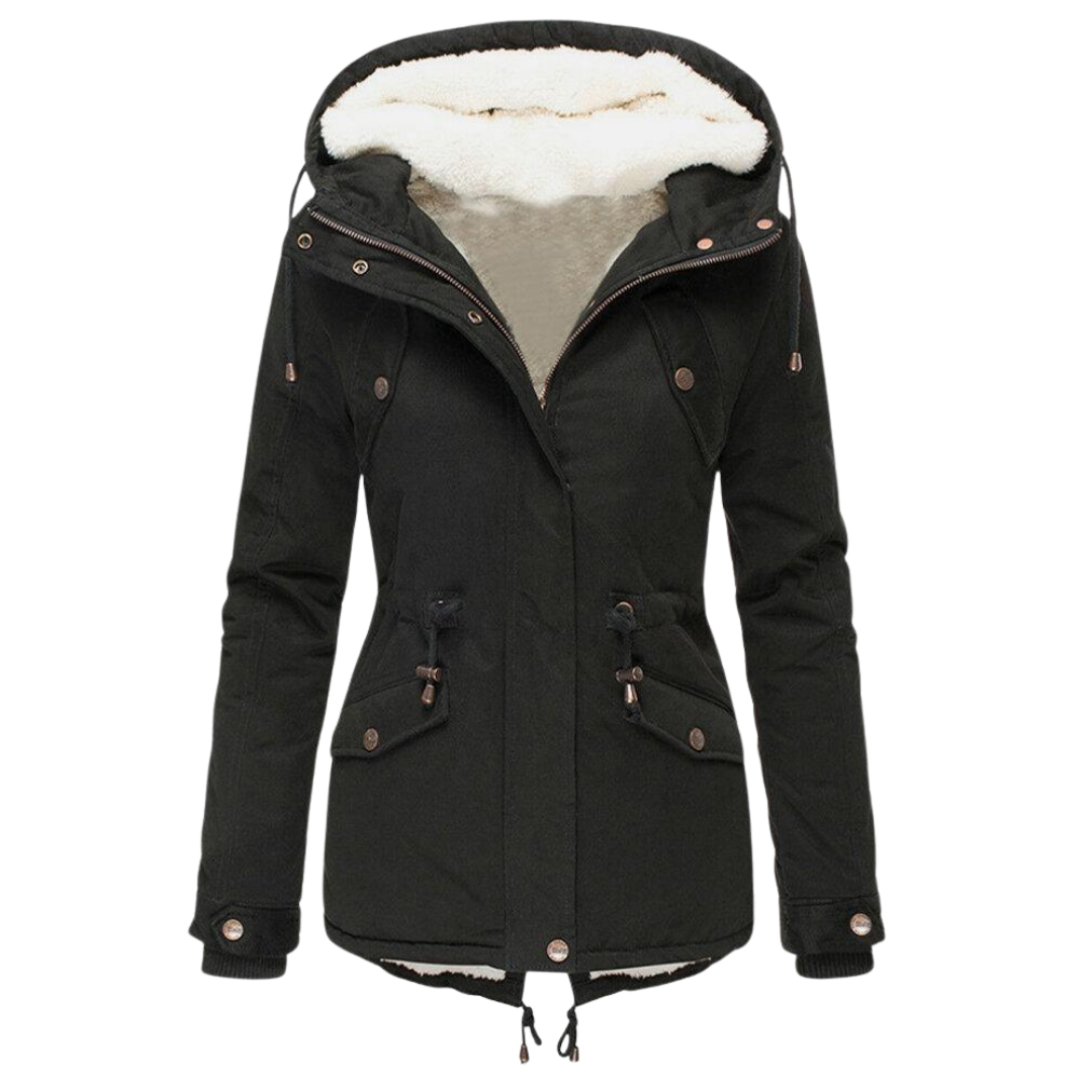 Płaszcz zimowy ze ściągaczem w pasie i odpinanym kapturem dla kobiet 4