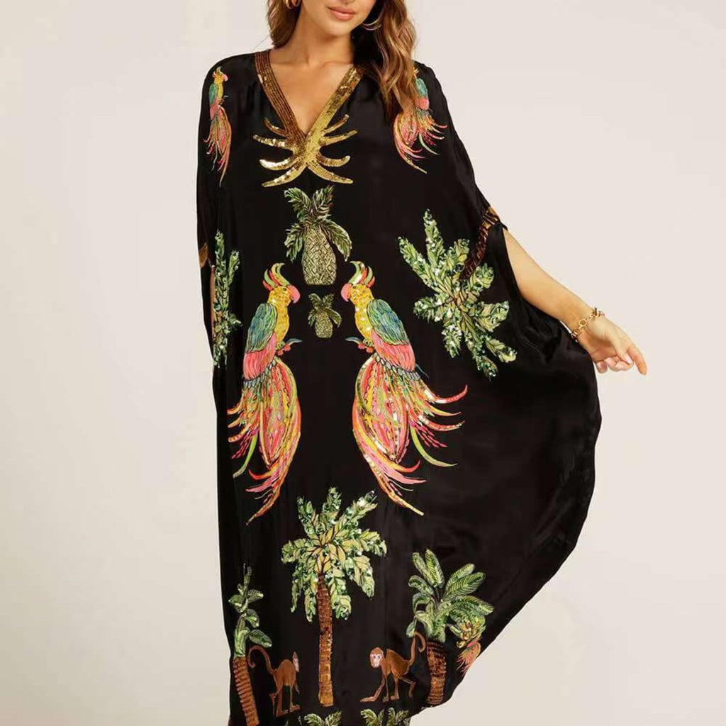 Sukienka kaftan z tropikalnym nadrukiem dla kobiet 0