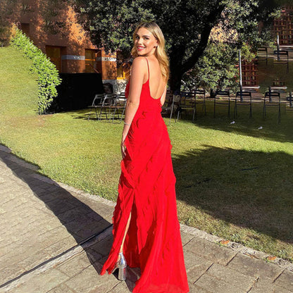 Sukienka maxi z falbanką dla kobiet – warstwowy wygląd i drapowany dół 2