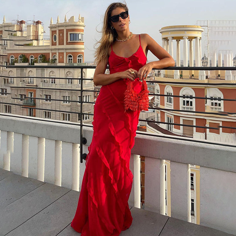 Sukienka maxi z falbanką dla kobiet – warstwowy wygląd i drapowany dół 3