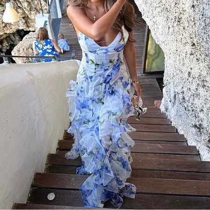 Sukienka midi w kwiaty dla kobiet – spódnica warstwowa i wyprofilowana góra 2