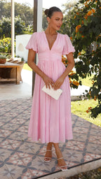 Sukienka midi z bufiastymi rękawami i teksturą, damska – dekolt w serek i zapięcie na guziki z przodu 2