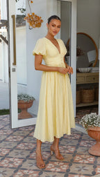 Sukienka midi z bufiastymi rękawami i teksturą, damska – dekolt w serek i zapięcie na guziki z przodu 4