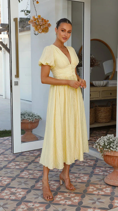 Sukienka midi z bufiastymi rękawami i teksturą, damska – dekolt w serek i zapięcie na guziki z przodu 4