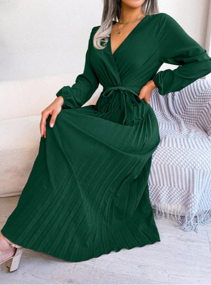 Sukienka midi z kopertowym dekoltem dla kobiet – plisowana spódnica i wiązanie w talii 6