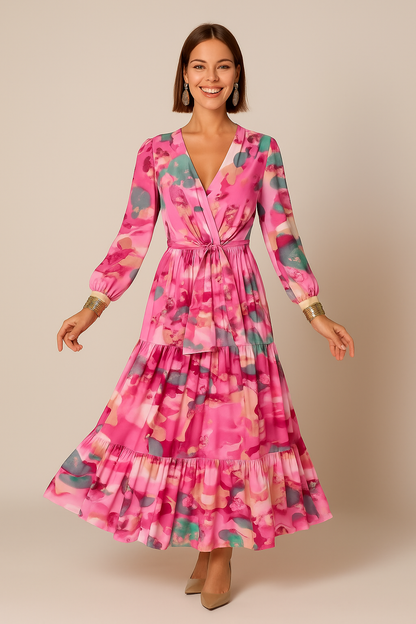 Sukienka midi z warstwami dla kobiet – kopertowy dekolt w serek i przezroczyste rękawy 0