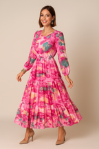 Sukienka midi z warstwami dla kobiet – kopertowy dekolt w serek i przezroczyste rękawy 1