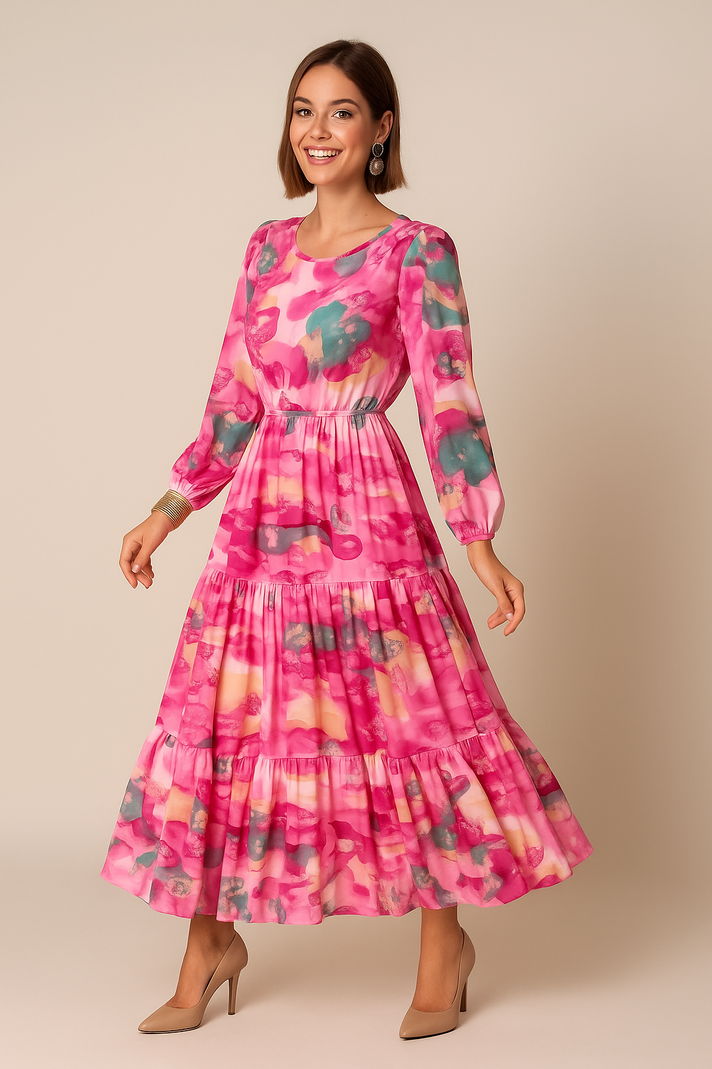 Sukienka midi z warstwami dla kobiet – kopertowy dekolt w serek i przezroczyste rękawy 1