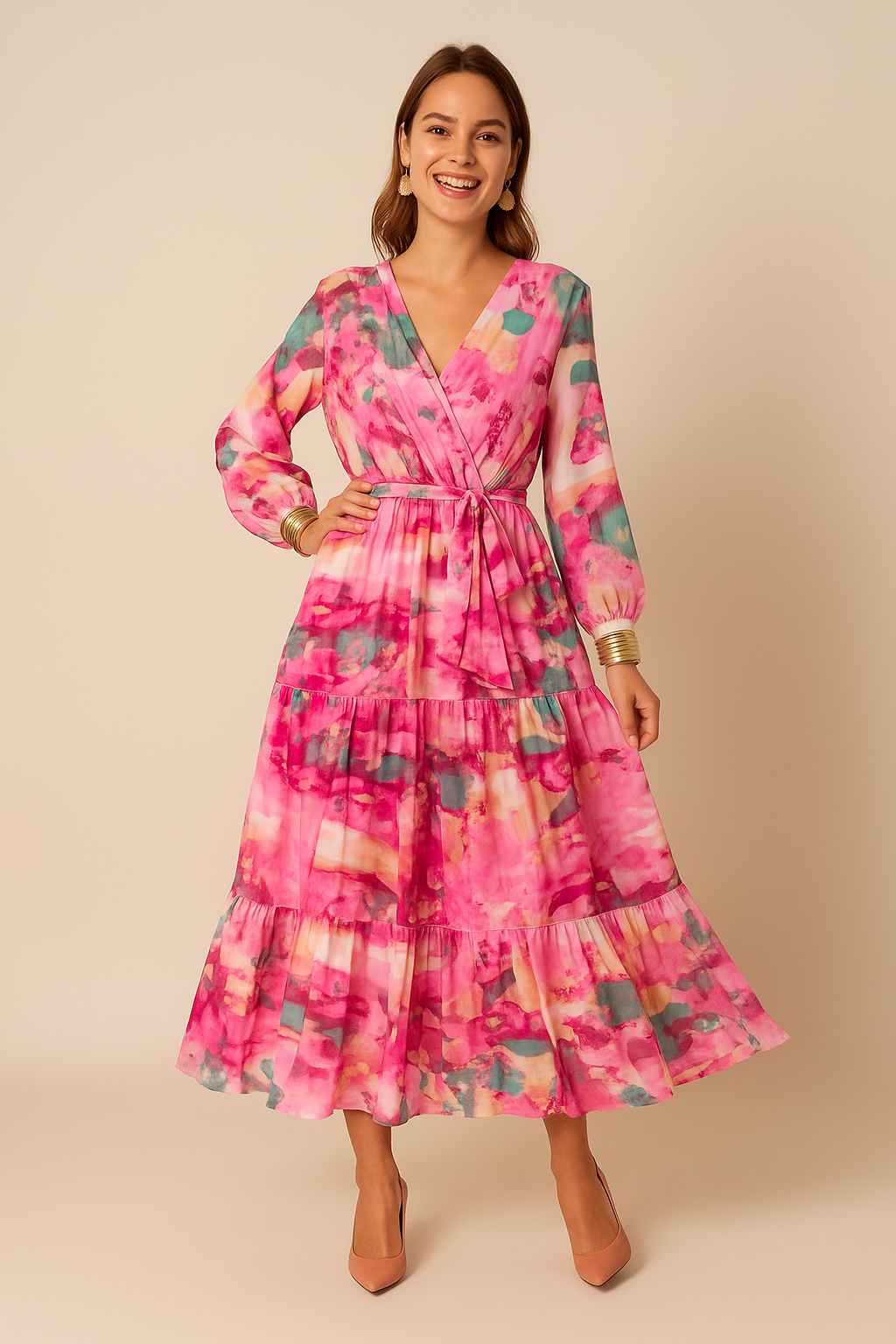 Sukienka midi z warstwami dla kobiet – kopertowy dekolt w serek i przezroczyste rękawy 2