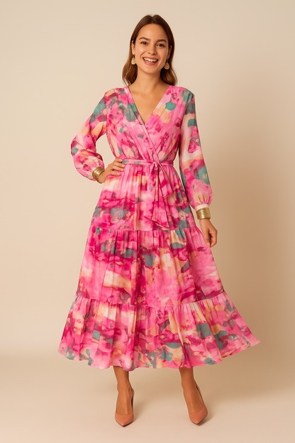 Sukienka midi z warstwami dla kobiet – kopertowy dekolt w serek i przezroczyste rękawy 2