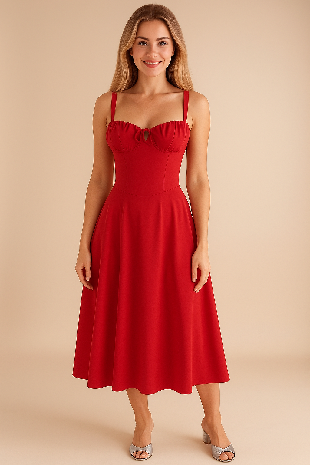 Sukienka midi ze sznurowaniem z tyłu i kokardą dla kobiet 5