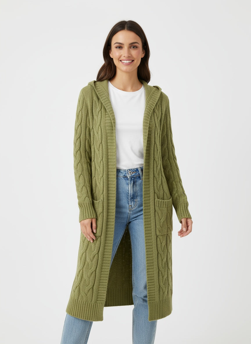 TULIA | DŁUGI DZIANINOWY KARDIGAN – NOWOCZESNA WSZECHSTRONNOŚĆ Z DETALEM KAPTURA 0