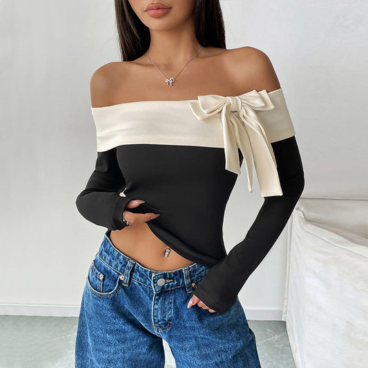 Top damski – off-shoulder z kokardą i długim rękawem