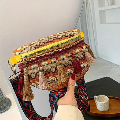 Torba damska na ramię – retro styl z frędzlami i zamkiem