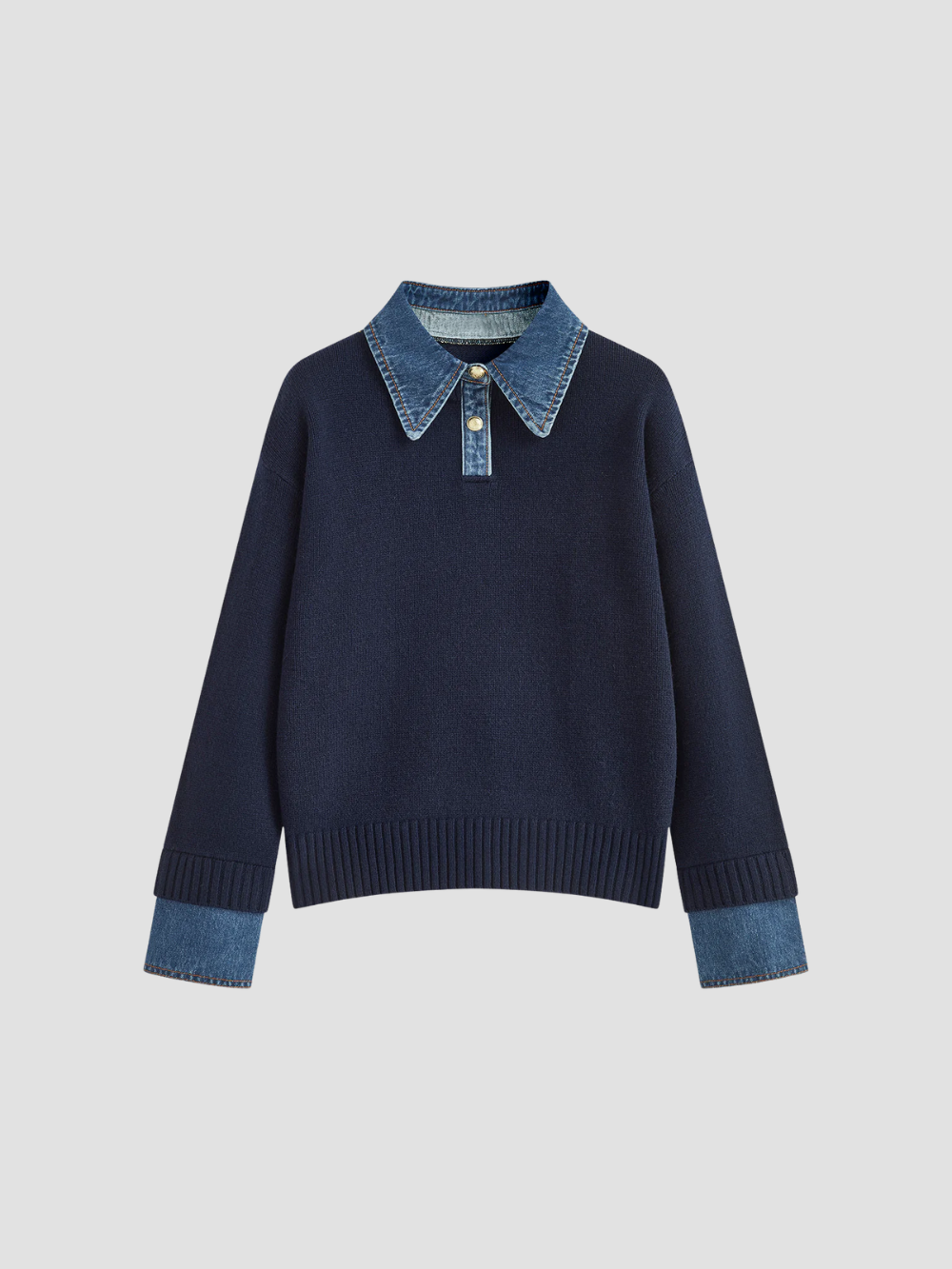 YSANDRA | SWETER DAMSKI Z DŻINSOWYMI DETALAMI – NATURALNY KOMFORT I MIEJSKI WYRÓŻNIENIE 1