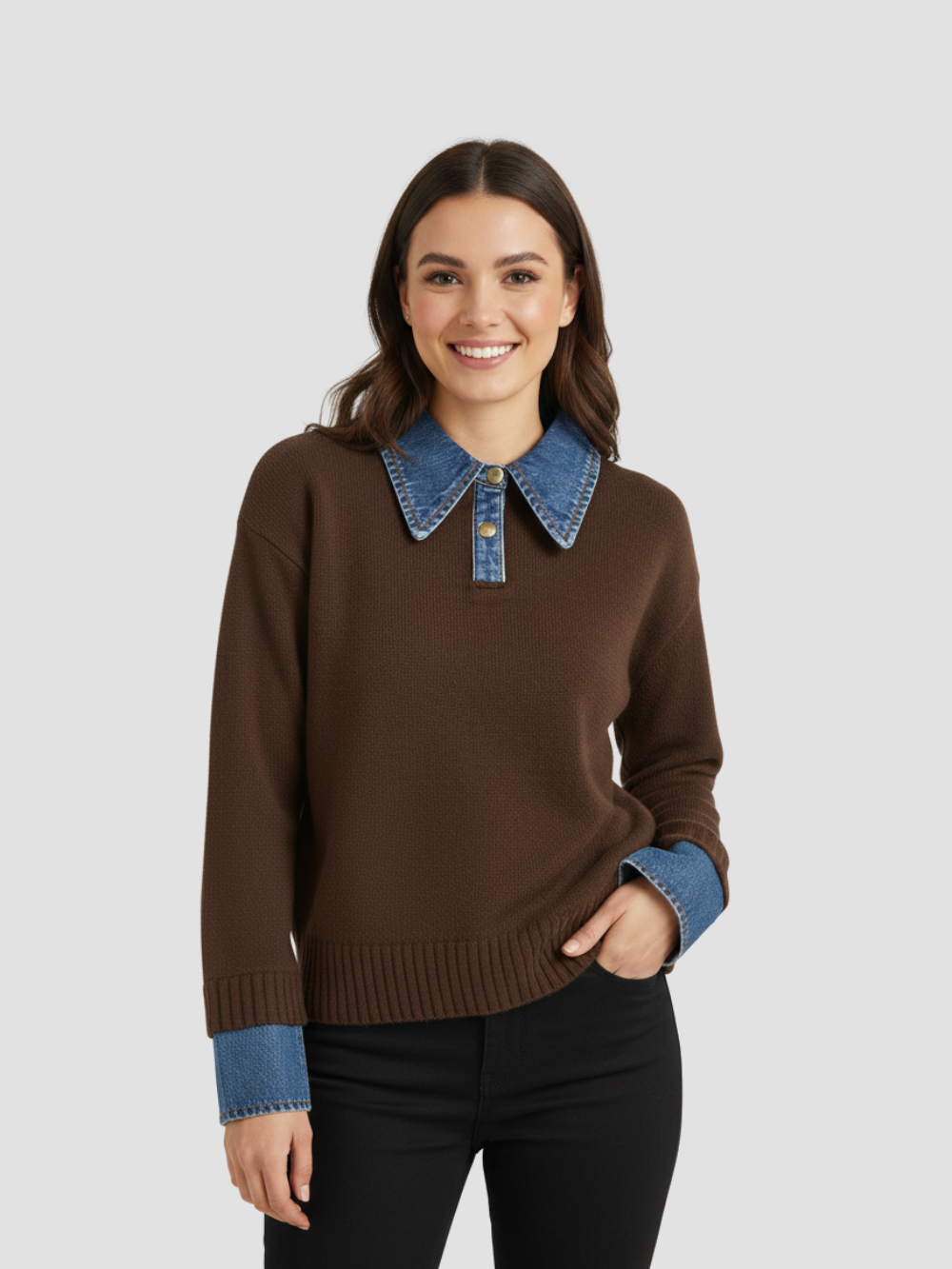 YSANDRA | SWETER DAMSKI Z DŻINSOWYMI DETALAMI – NATURALNY KOMFORT I MIEJSKI WYRÓŻNIENIE 10