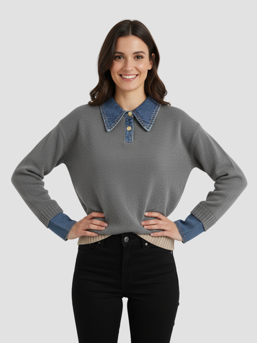 YSANDRA | SWETER DAMSKI Z DŻINSOWYMI DETALAMI – NATURALNY KOMFORT I MIEJSKI WYRÓŻNIENIE 6