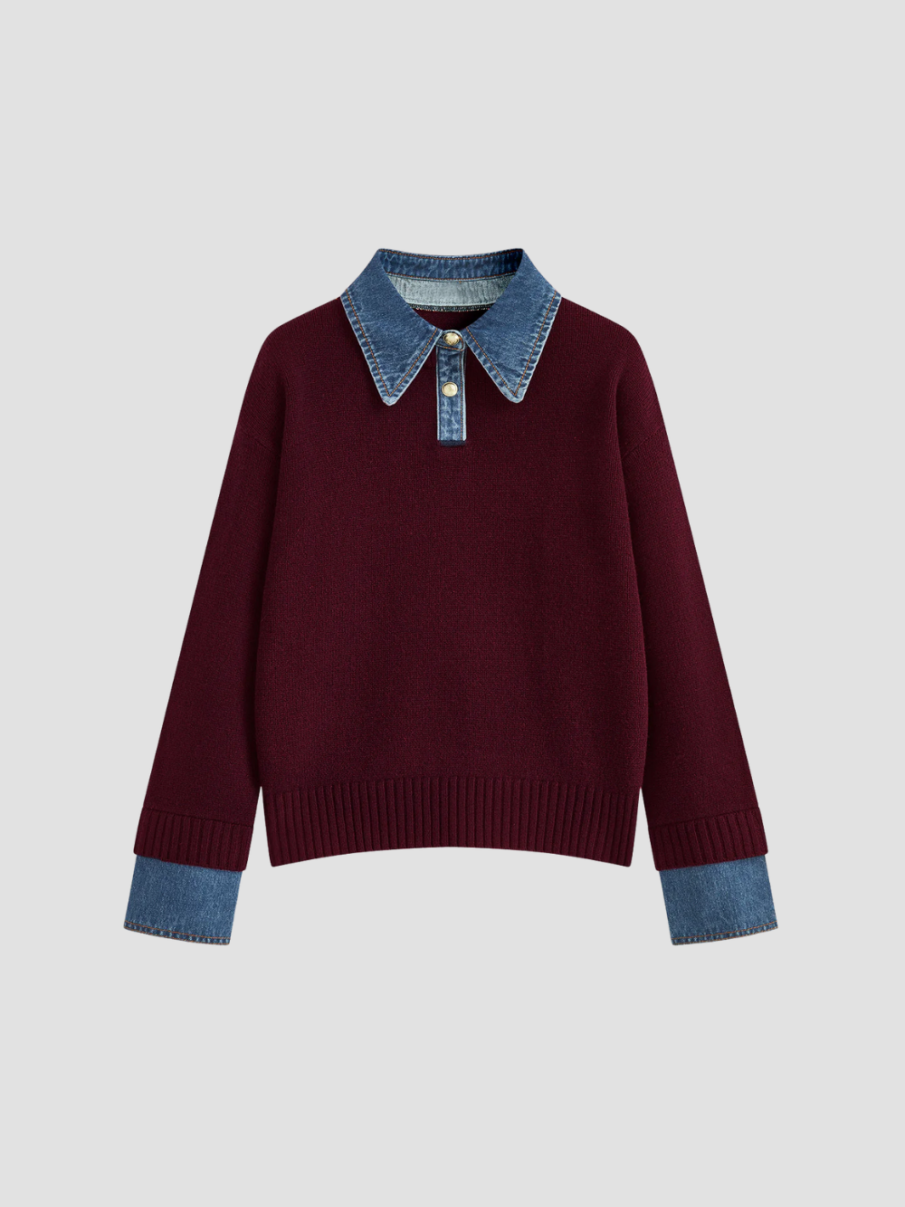 YSANDRA | SWETER DAMSKI Z DŻINSOWYMI DETALAMI – NATURALNY KOMFORT I MIEJSKI WYRÓŻNIENIE 7