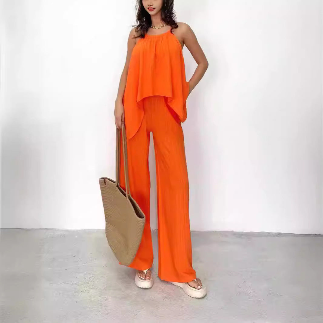 Zestaw – asymetryczna bluzka na ramiączkach i szerokie spodnie