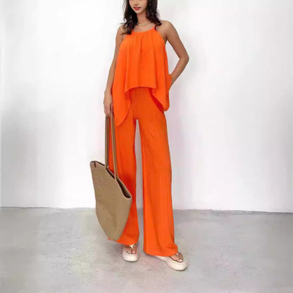 Zestaw – asymetryczna bluzka na ramiączkach i szerokie spodnie