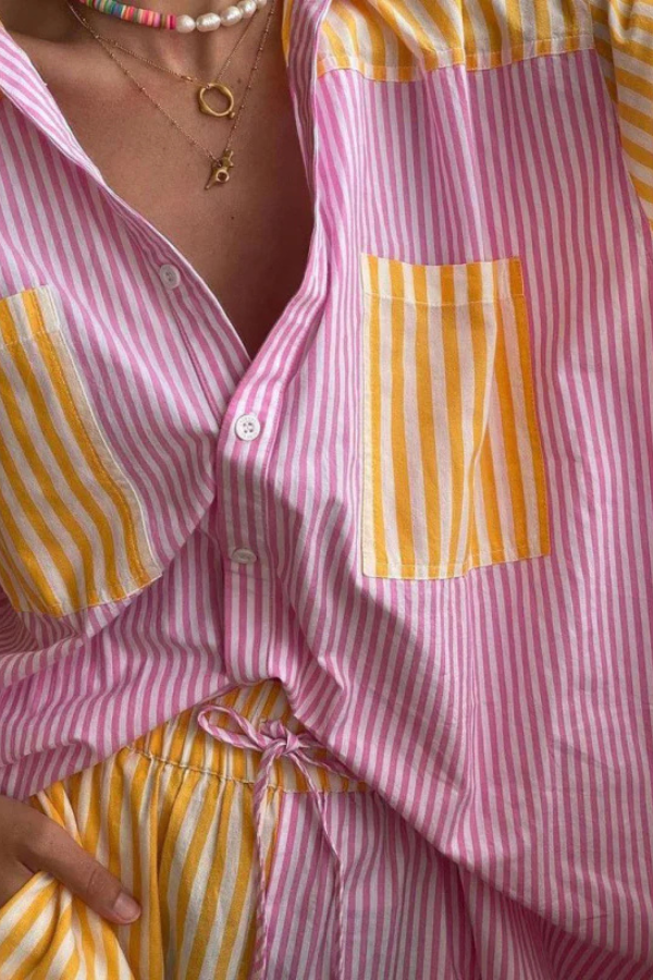 Damska Koszula w Paski i Szorty Zestaw Casualowy Lato