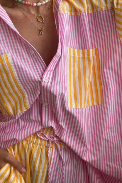 Damska Koszula w Paski i Szorty Zestaw Casualowy Lato