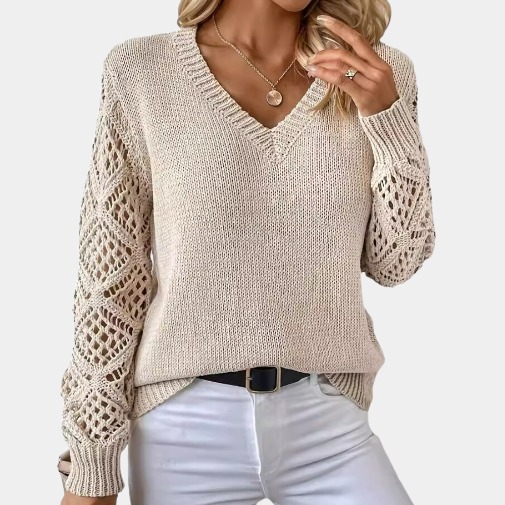 Damski sweter dzianinowy z dekoltem w serek i koronkowymi rękawami – elegancja i komfort
