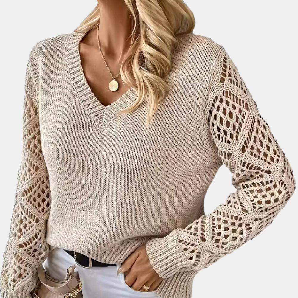 Damski sweter dzianinowy z dekoltem w serek i koronkowymi rękawami – elegancja i komfort