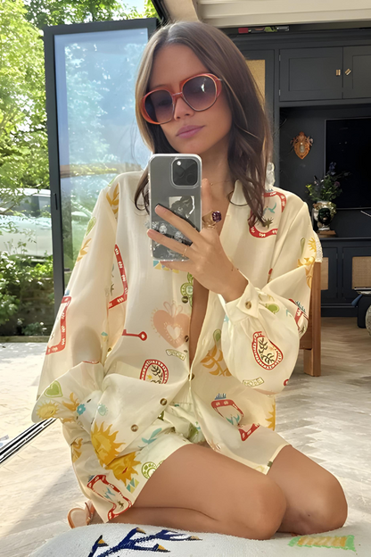 Męski Zestaw Koszuli z Długim Rękawem i Szortami, Elegancki, Luźny Krój